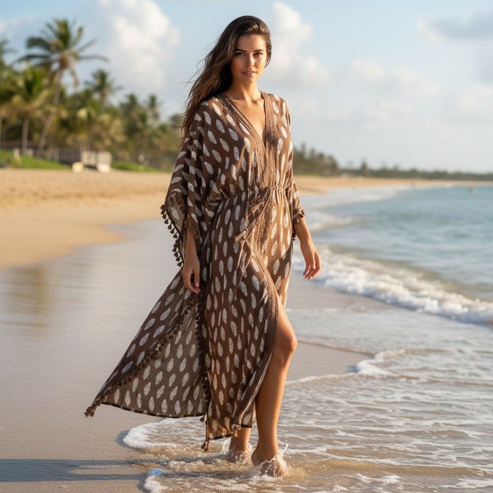 Garnet Hill Brown Feather Print Tassel Kimono Maxi Coverup Lenzing Size Medium